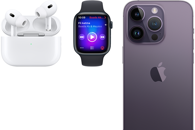 AirPods Pro (2nd generation) coming out of their case, a front view of an Apple Watch Series 8, and a back view of an iPhone 14 Pro